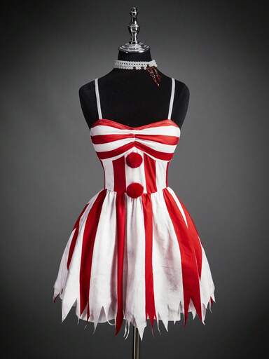 SHEIN ICON Halloween Cosplay weiß und rot Party sexy Clown Kostüm asymmetrischer Saum aufgeblähtes A-Linien Trägerkleid, rot & weiß Farbblock