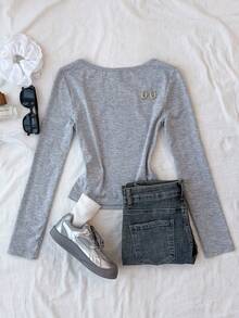 SHEIN Glowzi 少女休闲露肩灰色纽约字母印花T恤 - 灰色 - 查看 2