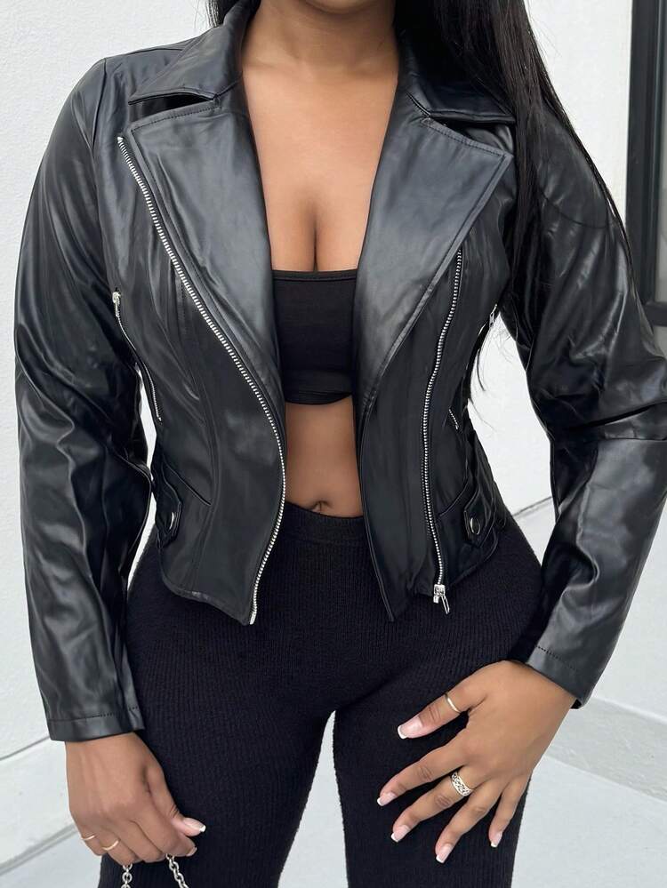 Alexandranx 拉链 PU 皮革机车夹克 - 黑色 - 查看 3