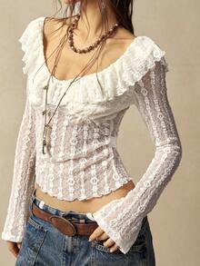 Bohemela Autumn/Winter Women's Vintage Women's Casual Solid Color Knit Lace Ruffle Hem Top, Western Country Style Concert Vacation, Suitable For Vacation & Daily Wear & Back To School, Halloween , Christmas - Beige - View 6