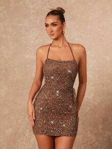 Lumalex Silver Sequin,Summer,70s Retro,Night Out,Party Women's Beaded Spaghetti Strap Bodycon Mini Dress,Bling Rhinestone Brown Rose Gold Formal Prom Banquet - Khaki - View 6