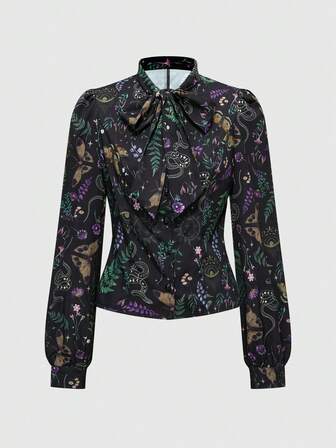 Goth Women's Casual Bow-Tie Shoulder Gathered Waist Long Sleeve Shirt