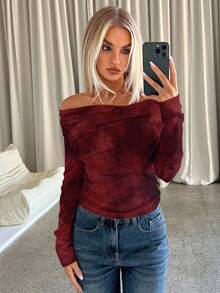 Aloruh 1 buah Kaos Lengan Panjang Wanita Kasual Motif Tie Dye dengan Bahu Terbuka, Cocok untuk Musim Semi dan Musim Gugur - Burgundy - View 6