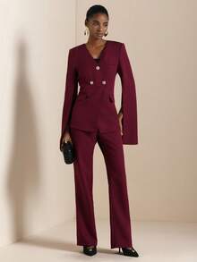 Vesra Conjunto de traje con cuello en V, falso bolsillo, mangas acampanadas y bajo con abertura - Rojo violeta - Ver 5