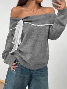 SHEIN Unity Áo len ngắn ren tương phản dễ thương hở vai thường ngày dành cho nữ - Xám - Xem 5