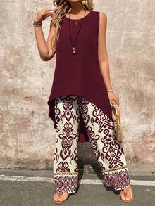 EMERY ROSE 2件套女士佩斯利印花无袖上衣和阔腿裤套装 - 酒紅色 - 查看 4