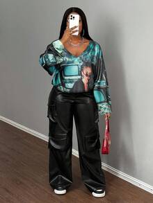 Slaydiva 2025 秋季新款 V 领长袖宽松 H 型上衣，适合生日派对、学校、日常外出、度假、巡航、海滩、日光浴、街头风格、朋克、俱乐部、肖像印花、女士运动衫的休闲装 - 彩色 - 查看 9