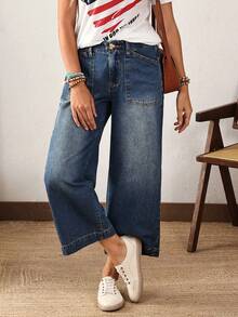 CurvyTilda Plus Size Casual Washed Vintage Wide Leg Jeans Casual Street Patchwork Pocket Loose Wide Leg Jeans Women Jeans Baggy Loose Jeans