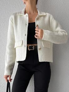 EURMUSE Flap Detail Button Front Cardigan - Beige - View 4