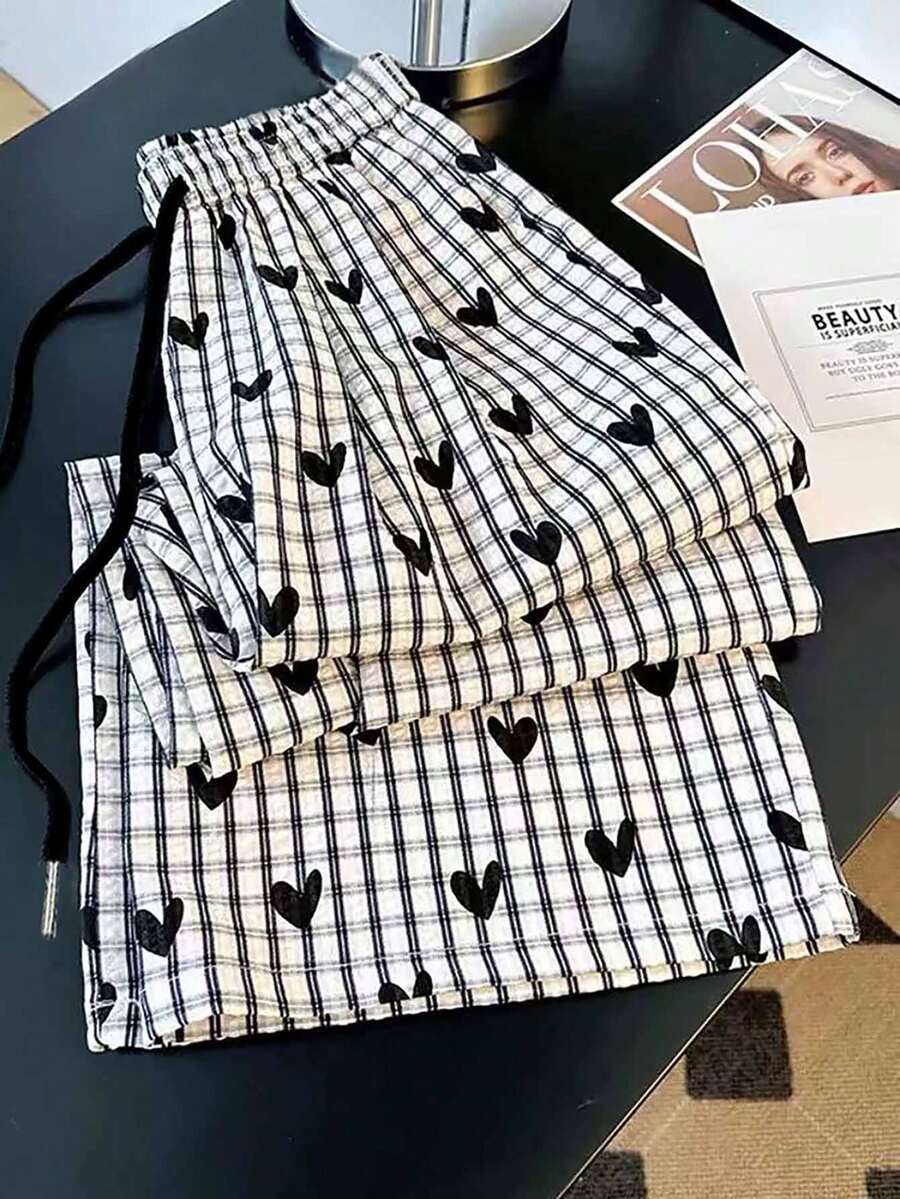 GlowEve CURVE Quần dài thường ngày họa tiết trái tim kẻ caro cỡ lớn - Đen và trắng - Xem 1