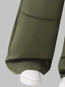 Sparklyn 2pcs/Set Tween Girls Letter Print Hoodie Sweatshirt + Green Cargo Pants Casual Street Style Outfit, Autumn/Winter - Army Green - View 5