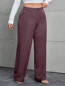 EURMUSE Plus Size Women Casual Everyday Commute Solid Color Slant Pocket Loose Wide Leg Pants - Brown - View 4