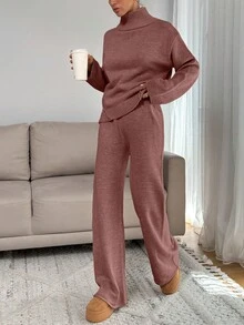 SHEIN Tall Women Relaxed Fit Turtle-Neck Sweater With Rib Knit Detailed And Straight Knit Pant Set, Tall Women - Dusty Pink - View 3