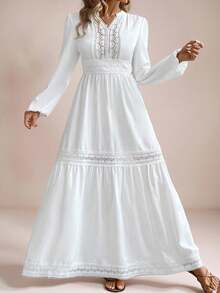 Freevana Plus Size Deep V-Neck Solid Color Ruffle Hem Long Sleeve Dress,Beach Dress Sundress,Holiday Outfits Boho - White - View 3