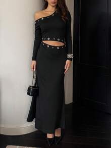 SHEIN Unity Damen Schwarzes Maxikleid mit langen Ärmeln, asymmetrischer Schulter, Ausschnitt-Taille und Fischschwanz-Saum, Ösen-Ausschnitt-Design, Y2K Punk Stil, modisch, sexy, geeignet für Party, Nachtclub, Straße, Musikfestival, bequem, dehnbar, weich, Herbst - Schwarz - Übersicht 8