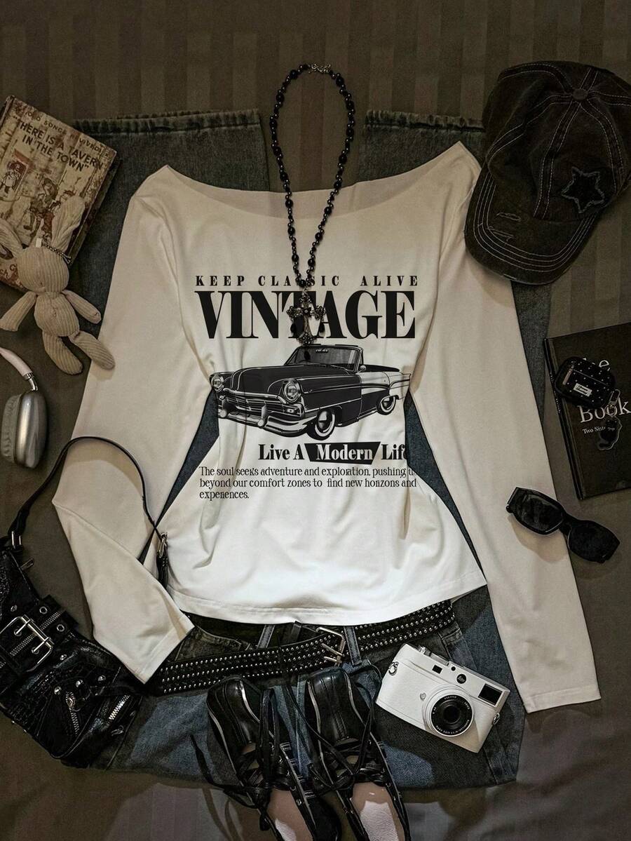 SHEIN EZwear Áo thun chui đầu tay dài in hình xe hơi cổ điển phong cách Grunge rộng rãi, dáng rộng, không đối xứng, gợi cảm, viền cuộn, dành cho nữ - Nhiều màu - Xem 1