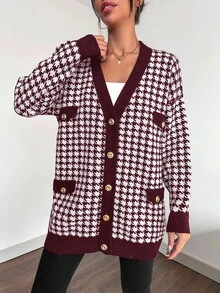 SHEIN Cottnline Women's V-Neck Long Sleeve Button Down Cardigan With Houndstooth Print - Maroon - View 5