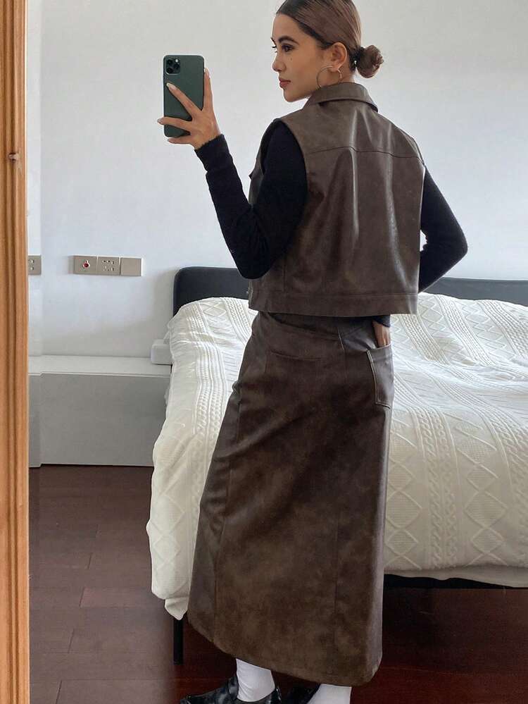 Women's Casual Solid Color PU Collar Vest & Skirt 2 Pieces Set, Autumn