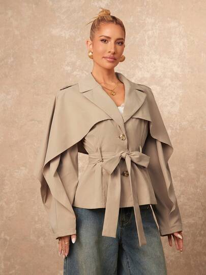 Lumalex 秋冬女士风衣，披肩领，系带腰带，长袖，荷叶边装饰，舒适百搭，适合舞会、聚会、宴会、节日派对、锐舞派对、音乐节、郊游、度假、户外活动、婚礼季、宰牲节、新年、寒冷天气等场合，是新款女装的理想之选。