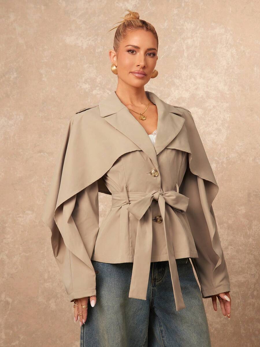 Lumalex Áo khoác dáng dài nữ thu đông với cổ áo choàng, thắt lưng buộc eo, tay dài, viền bèo nhún, thoải mái, sang trọng, thích hợp cho dạ hội, tiệc tùng, tiệc chiêu đãi, kín đáo, phong cách cổ điển, lấp lánh, tiệc tùng ngày lễ, lễ hội, dã ngoại, kỳ nghỉ, hoạt động ngoài trời, nhiều lớp, mùa cưới, tiệc tùng, ID, Al-Adha, tiệc năm mới, thời tiết lạnh, mùa thu, phong cách mới dành cho nữ.