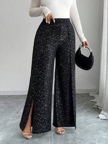 Elenzga Pantalon droit à fente haute et feuille métallique pour femmes grandes tailles, convient pour le quotidien, les fêtes, les concerts et les festivals de musique - Noir - Voir 4