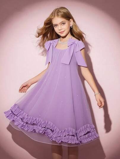 女童优雅荷叶边花卉珍珠装饰网眼连衣裙