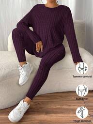 SHEIN Frenchy Camiseta de punto acanalado con hombros caídos y leggings de tela texturizada, conjunto de dos piezas