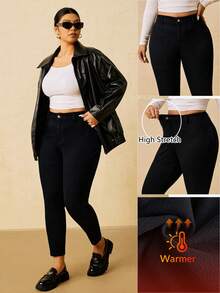 SHEIN PETITE CURVE 大码秋季冬季万圣节圣诞节新年感恩节通勤度假Y2K可爱街头风科技生日机场派对婚礼优雅商务休闲女装老少咸宜工作女装高腰紧身休闲百搭七分牛仔裤黑色牛仔裤大码女装高腰黑色保暖内衬弹力修身牛仔裤 - 黑色 - 查看 6