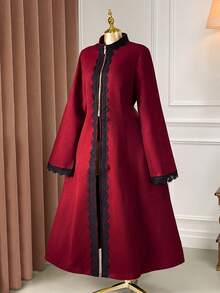 SHEIN Clasi Áo khoác ngoài dài tay cổ đứng phối ren dáng chữ A khoét lỗ thêu họa tiết tương phản cỡ lớn, thanh lịch khi đi chơi, tụ tập, đi làm - Màu Đỏ Sâu - Xem 5