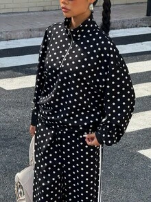 Muchica Black Christmas New Year Thanksgiving Black Polka Dot Half-Zip Long Sleeve Loose Casual Fashion Sweatshirt - Black - View 5