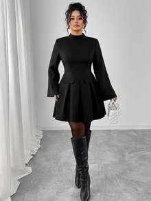 Elenzga Plus Size Women's Solid Color Stand Collar Lantern Sleeve Ruffle Hem Elegant Mini Dress, Faux Pocket Chic Blazer Dress - Black - View 5