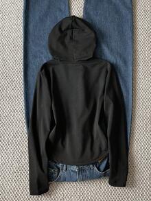 SHEIN 少女休闲修身紧身短款卫衣，适合返校季，韩版风格 - 黑色 - 查看 2