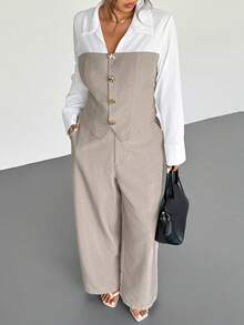 Firerie 加大码杏色仿亚麻拼布衬衫和宽松直筒西装裤两件套，休闲优雅，适合通勤、教学、返校、商务休闲办公穿着 - 彩色 - 查看 2