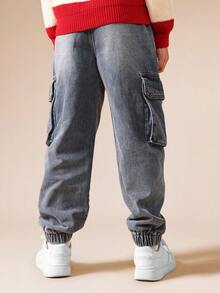 SUMWON Denim Pull On Jogger Jeans With Cargo Pockets And Elastic Cuffs For School And Casual Wear