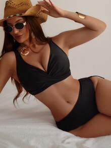 Swim SXY Summer Beach Women Color Block Halter Cross Front Bikini Top And Drawstring Triangle Bottom Set For Vacation - Black - View 1