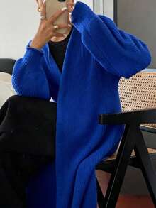 EURMUSE Women's Casual Solid Color Drop Shoulder Cardigan, Autumn/Winter - Blue - View 3