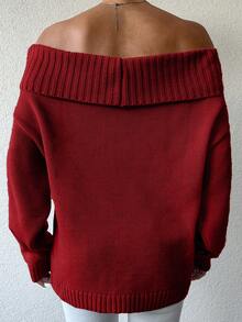 EURMUSE Women's Solid Color Off-Shoulder Loose Casual Long Sleeve Pullover Sweater - Red - View 2