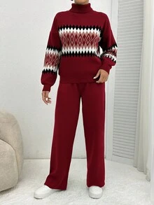 EURMUSE Women's Geometric Pattern High Neck Sweater 2pcs/Set - Burgundy - View 5