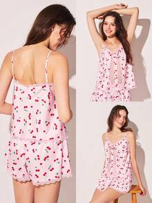 LUVLETTE Silky Satin Lace Trim V-Neck Vacation Cherry Patterned Camisole Top & Shorts Airy Loungewear Airy Pajama Set Subersive Sexy Christmas & New Years Pajamas Style 2025