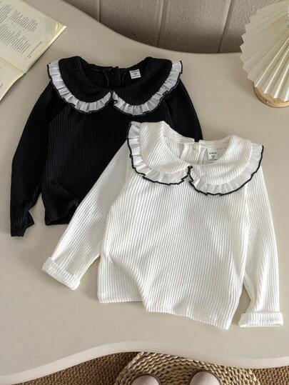 Genkimix Kids 3 件年轻女孩长袖 T 恤 - 柔软对比色荷叶边领休闲上衣，纯色针织云状羊毛面料百搭春秋必备单品