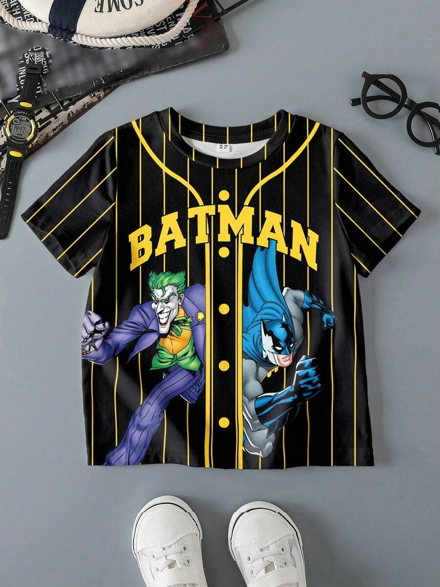 BATMAN X SHEIN Young Boy Casual Striped & Cartoon Figure Graphic Round Neck Short Sleeve T-Shirt, Summer
