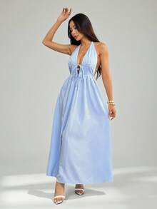 SHEIN PETITE 女士性感露背吊带条纹连衣裙，夏季 - 藍白色 - 查看 1