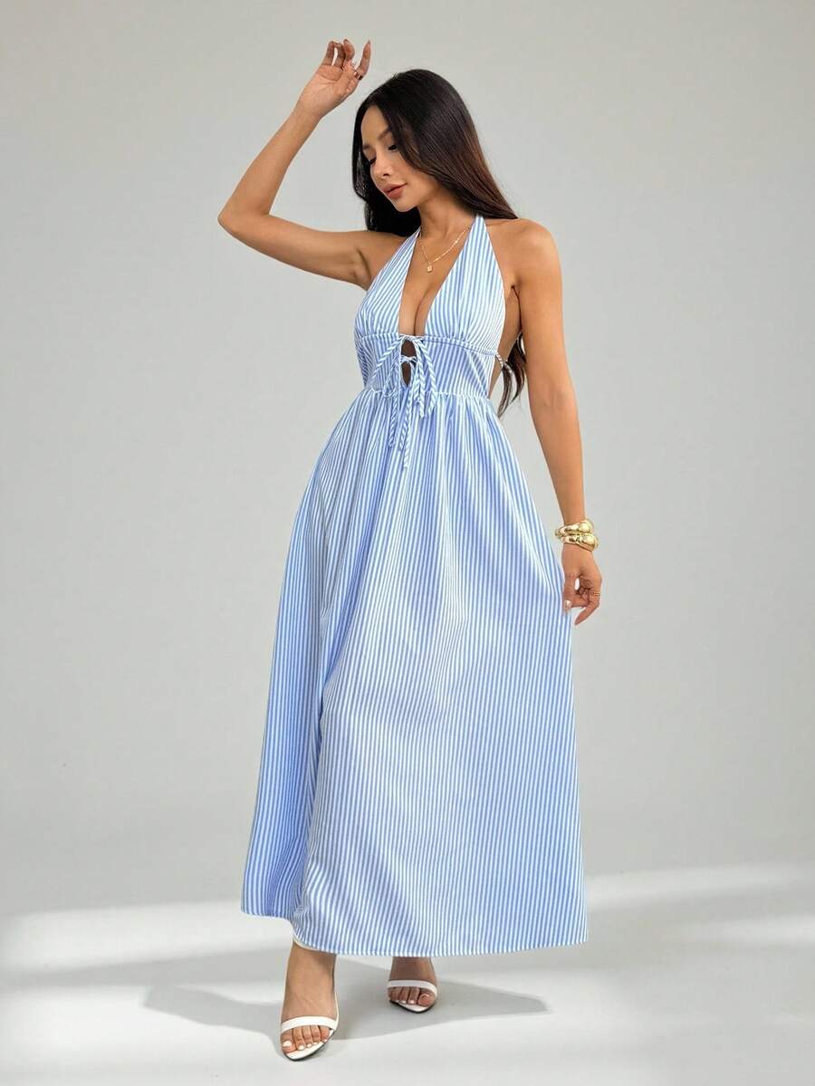 SHEIN PETITE 女士性感露背吊带条纹连衣裙，夏季 - 藍白色 - 查看 1