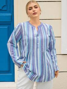 Rosumi 大码 V 领落肩长袖撞色条纹休闲宽松衬衫 - 彩色 - 查看 6