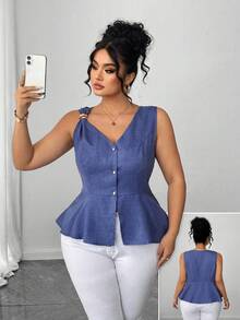 Elenzga Plus Size Women Metal Button Closure Pearl Decor Fitted Blouse Royal Blue Peplum - Blue - View 1