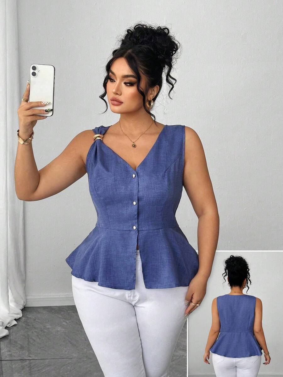 Elenzga Plus Size Women Metal Button Closure Pearl Decor Fitted Blouse Royal Blue Peplum - Blue - View 1