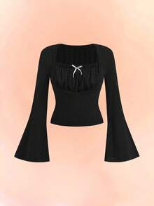 Teen Girl Elegant Square Collar Ruched Ribbon Bow Knit Flare Sleeve Ribbed Knit T-Shirt - Black - View 1