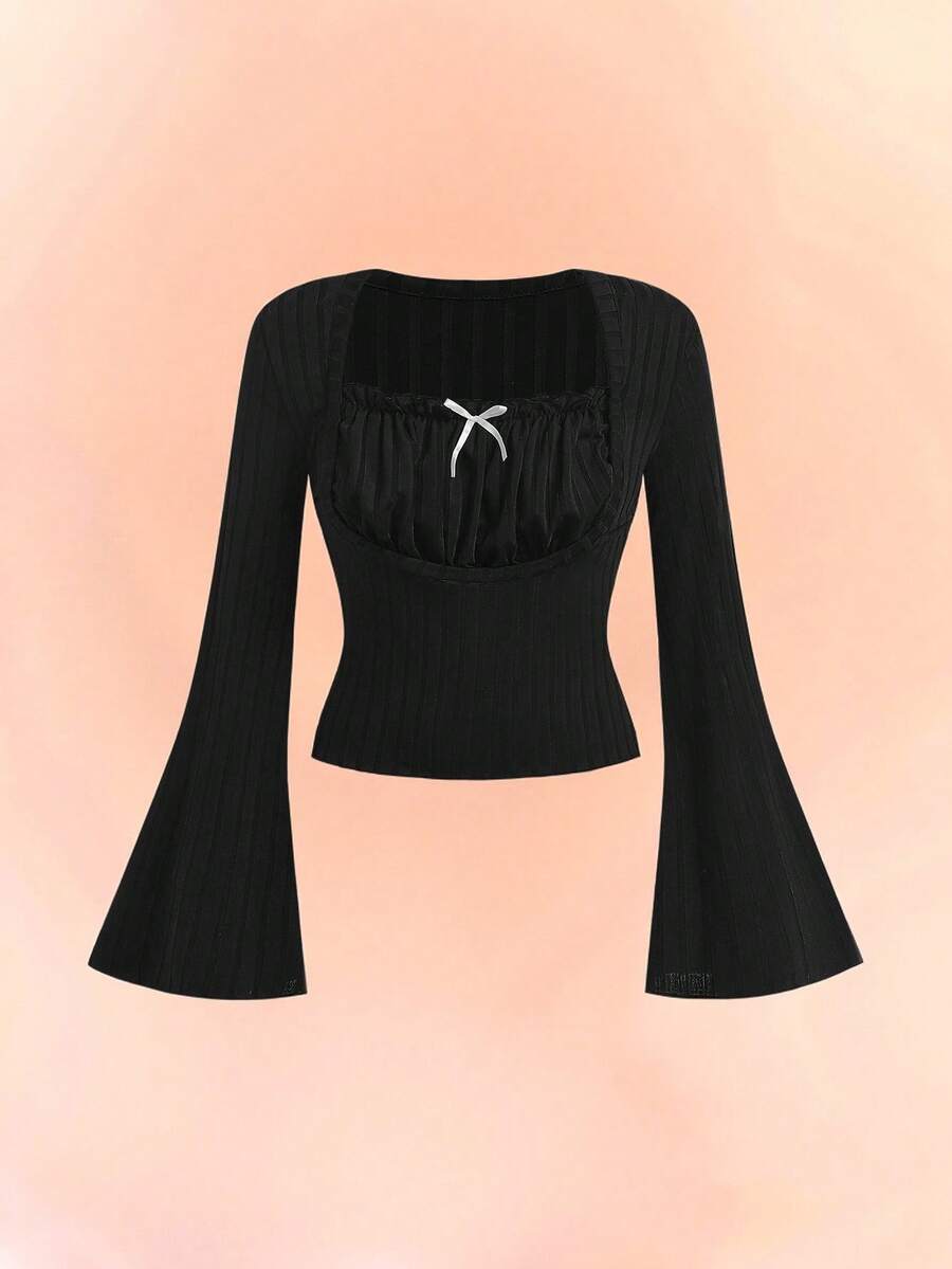 Teen Girl Elegant Square Collar Ruched Ribbon Bow Knit Flare Sleeve Ribbed Knit T-Shirt - Black - View 1