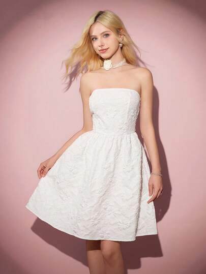 Teen Girl Casual Elegant Vacation Dress, White Bustier Jacquard Bow Bust Fitted Camisole Mini Skirt, Suitable For Halloween, Autumn/Winter