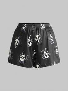 ROMWE Goth 大码女式哥特式小恶魔图案撞色吊带背心和短裤睡衣套装